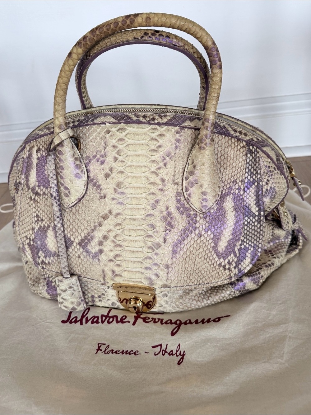 Salvatore Ferragamo Cream & Lilac Python Dome Satchel